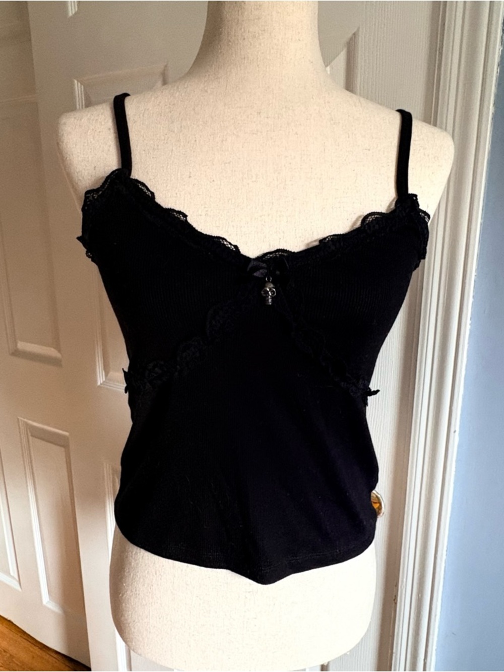 Hot Topic Juniors Camisole Top Black Medium Ribbed Cotton Lace
